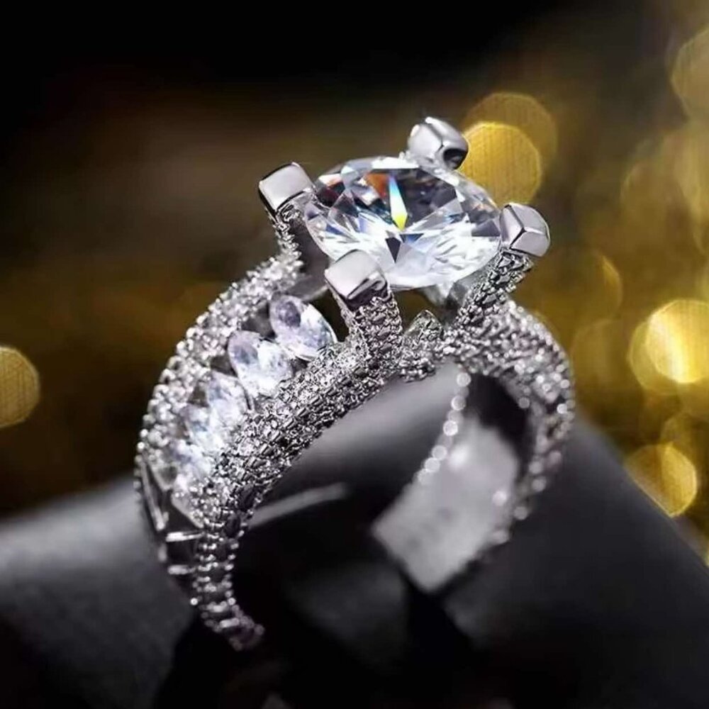 Women's CZ Round Chunky Ring, Marquise Accents on a Sterling Silver Setting